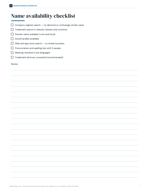 Preview of Printable Name Availability Checklist
