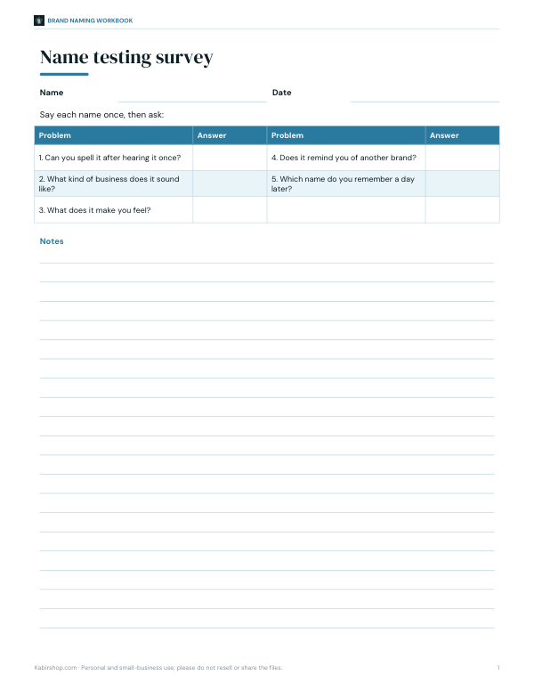 Preview of Printable Name Testing Survey